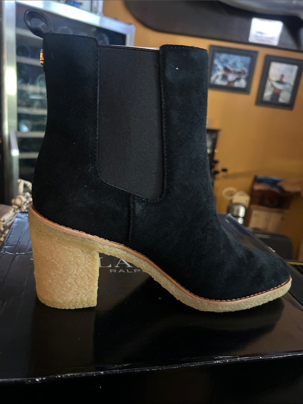 Ralph Lauren Black Suede Chelsea Ankle Boot with Crepe Block Heel